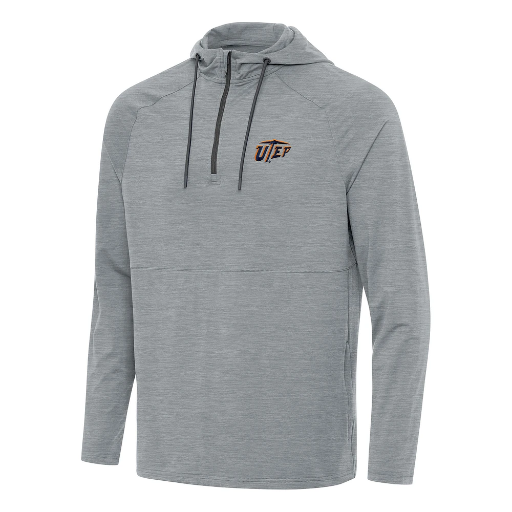 Men's Antigua Heather Gray UTEP Miners Spikes Raglan Quarter-Zip Hoodie