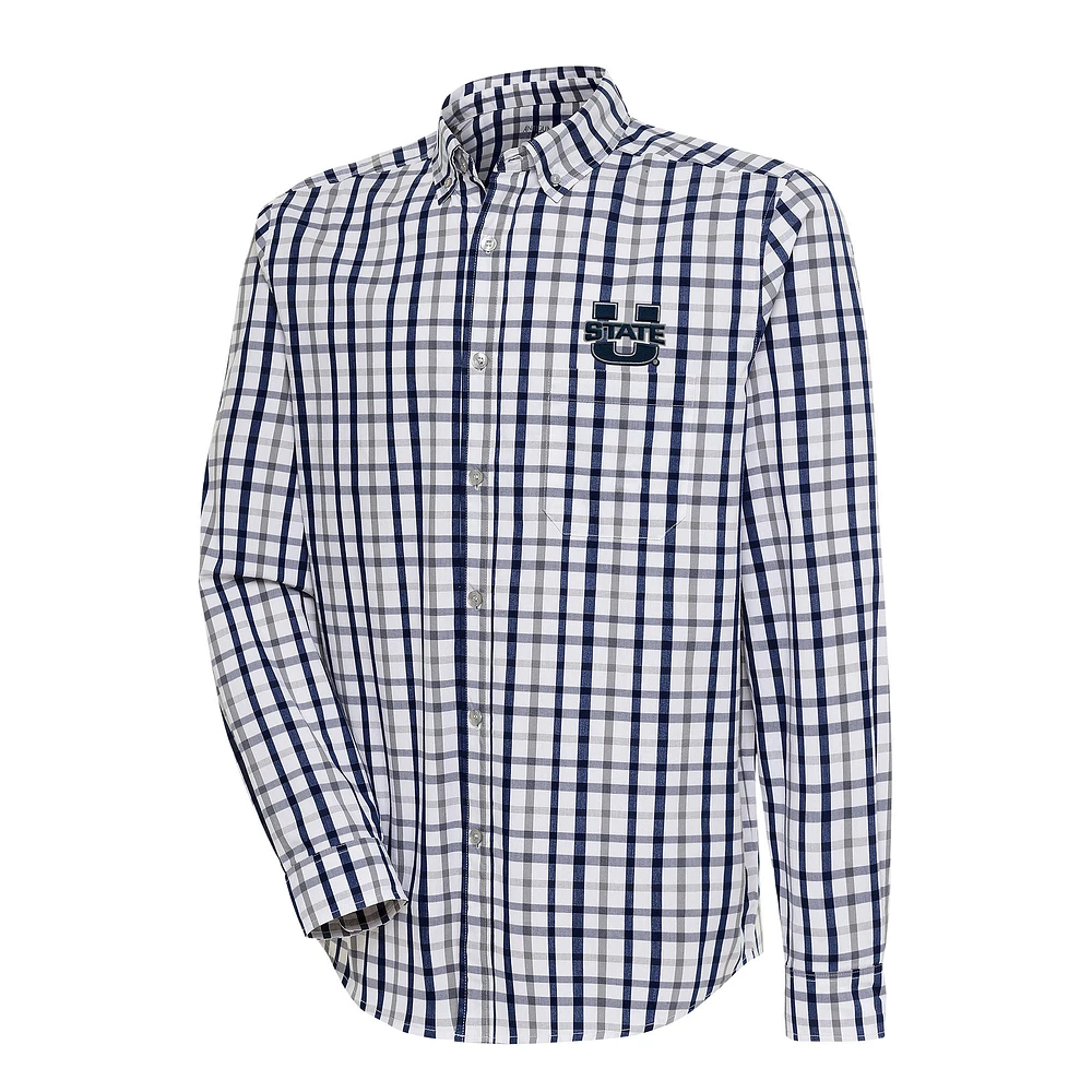 Men's Antigua Navy/Gray Utah State Aggies Tending 2 Tri-Blend Long Sleeve Full-Button Shirt