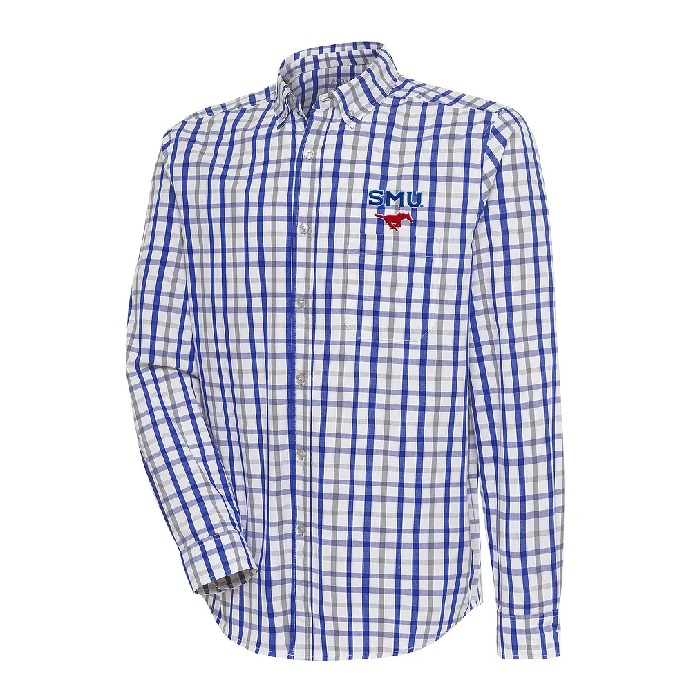 Men's Antigua Royal/Gray SMU Mustangs Tending 2 Tri-Blend Long Sleeve Full-Button Shirt