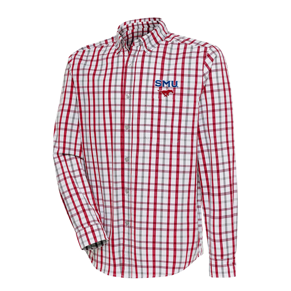 Men's Antigua Red/Gray SMU Mustangs Tending 2 Tri-Blend Long Sleeve Full-Button Shirt