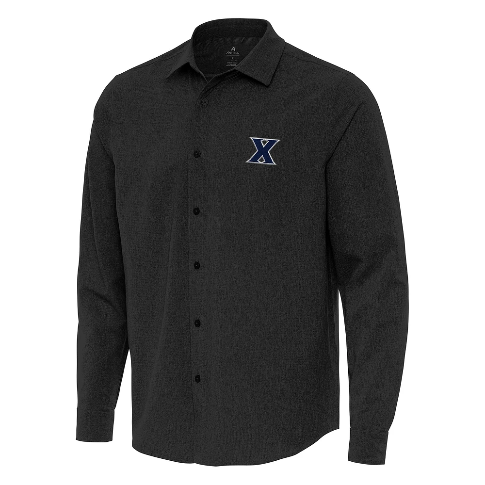 Men's Antigua Black Xavier Musketeers Exposure Woven Long Sleeve Full-Button Shirt