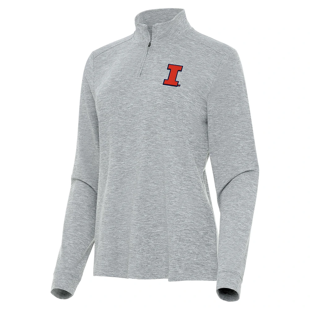 Women's Antigua Heather Gray Illinois Fighting Illini Mentor Long Sleeve Quarter-Zip Mock Polo
