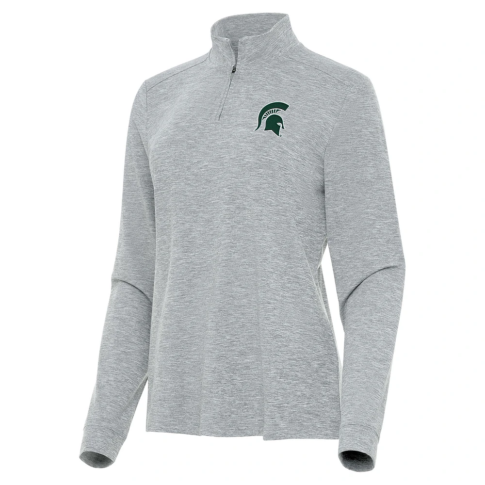 Women's Antigua Heather Gray Michigan State Spartans Mentor Long Sleeve Quarter-Zip Mock Polo