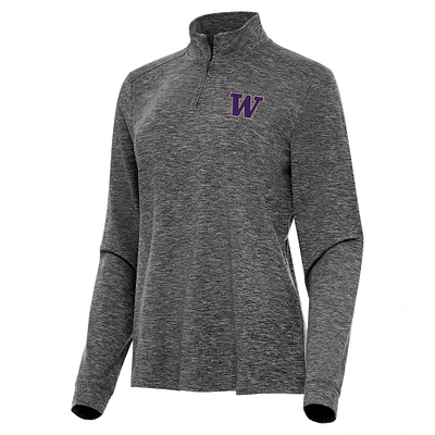 Women's Antigua Heather Black Washington Huskies Mentor Long Sleeve Quarter-Zip Mock Polo