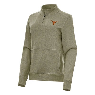 Women's Antigua Heather Olive Texas Longhorns Crush Quarter-Zip Fleece Sweatshirt