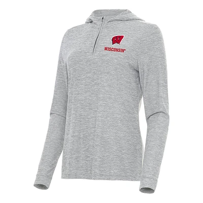 Women's Antigua Heather Gray Wisconsin Badgers Daybreak Quarter-Zip Hoodie
