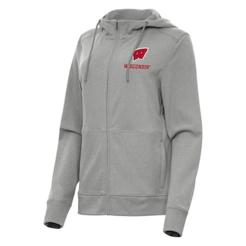 Women's Antigua Heather Gray Wisconsin Badgers Seeker Full-Zip Hoodie