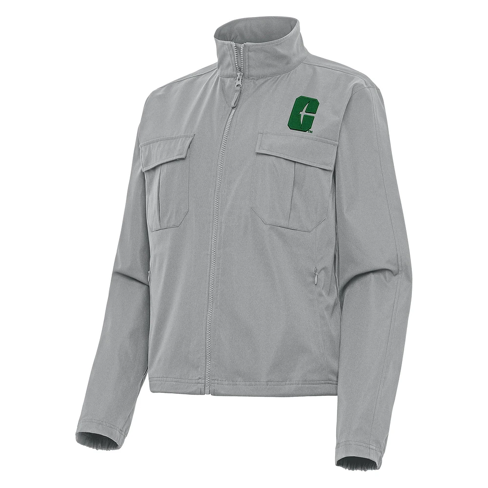 Women's Antigua Gray Charlotte 49ers Even Par Full-Zip Jacket