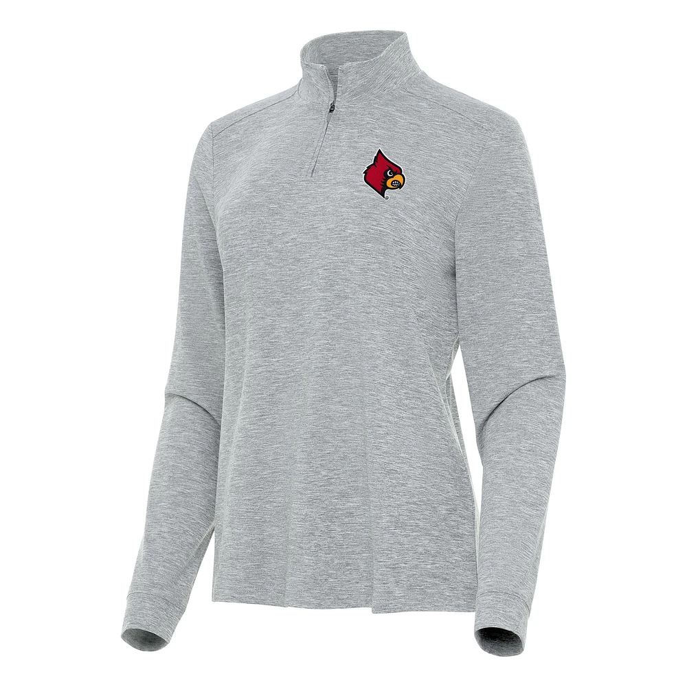 Women's Antigua Heather Gray Louisville Cardinals Mentor Long Sleeve Quarter-Zip Mock Polo