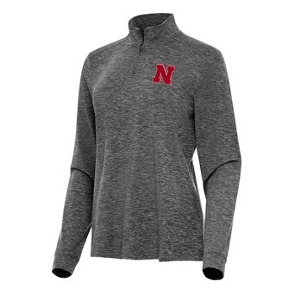 Women's Antigua Heather Black Nebraska Huskers Mentor Long Sleeve Quarter-Zip Mock Polo
