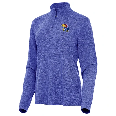 Women's Antigua Heather Royal Kansas Jayhawks Mentor Long Sleeve Quarter-Zip Mock Polo