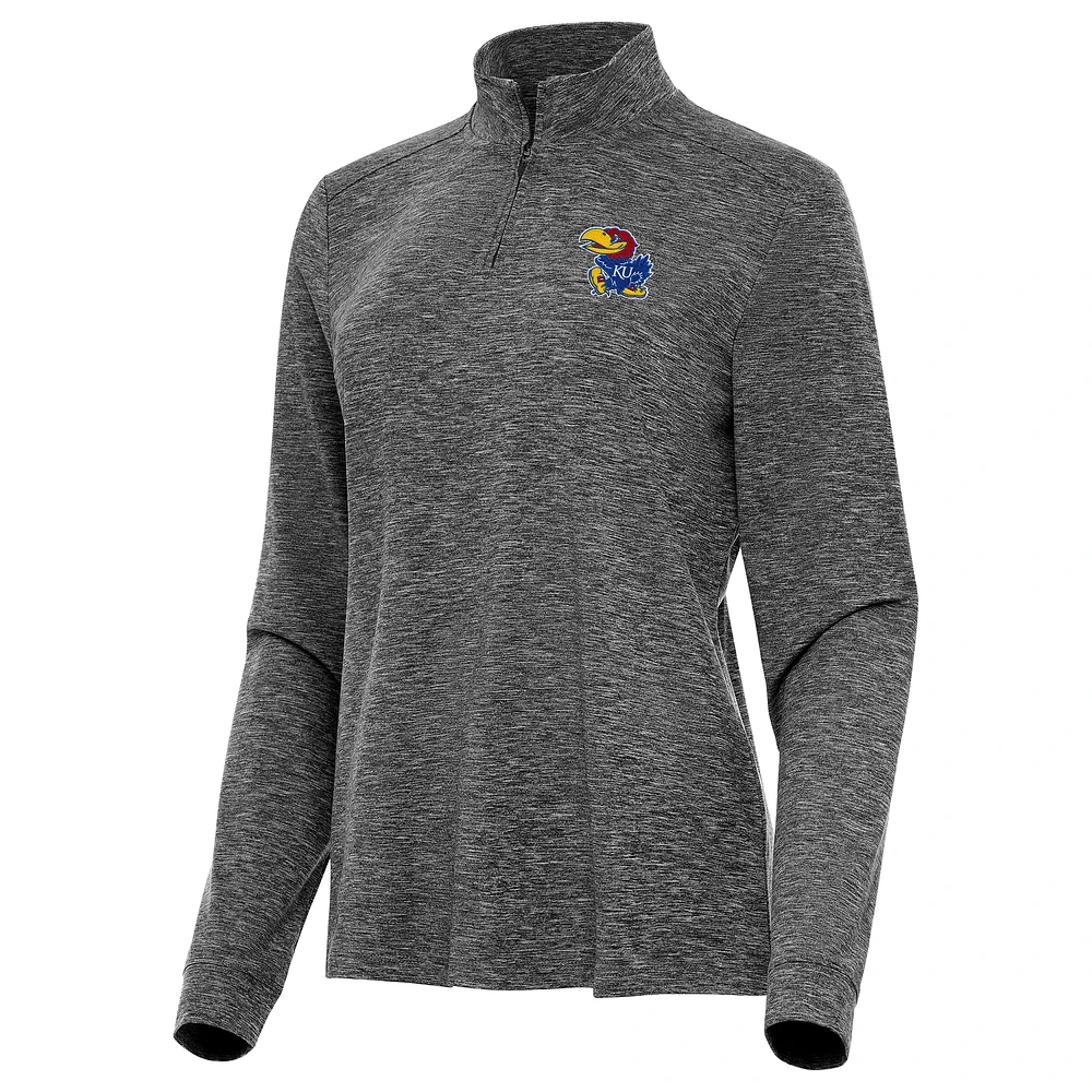 Women's Antigua Heather Kansas Jayhawks Mentor Long Sleeve Quarter-Zip Mock Polo