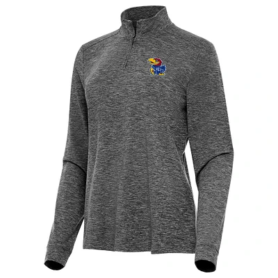 Women's Antigua Heather Kansas Jayhawks Mentor Long Sleeve Quarter-Zip Mock Polo