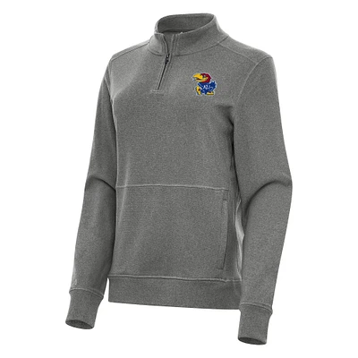 Women's Antigua Heather Black Kansas Jayhawks Crush Quarter-Zip Fleece Sweatshirt