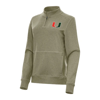 Women's Antigua Olive Miami Hurricanes Crush Quarter-Zip Fleece Sweatshirt