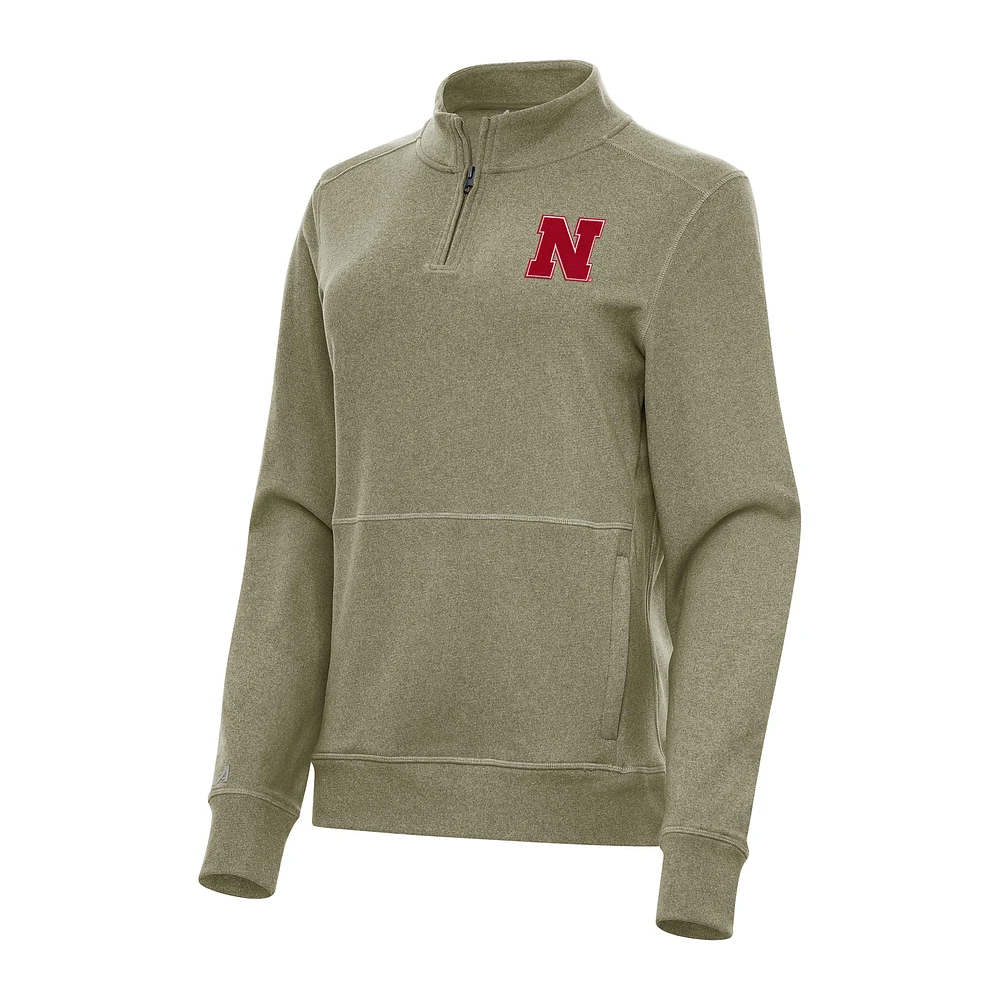 Women's Antigua Olive Nebraska Huskers Crush Quarter-Zip Fleece Sweatshirt