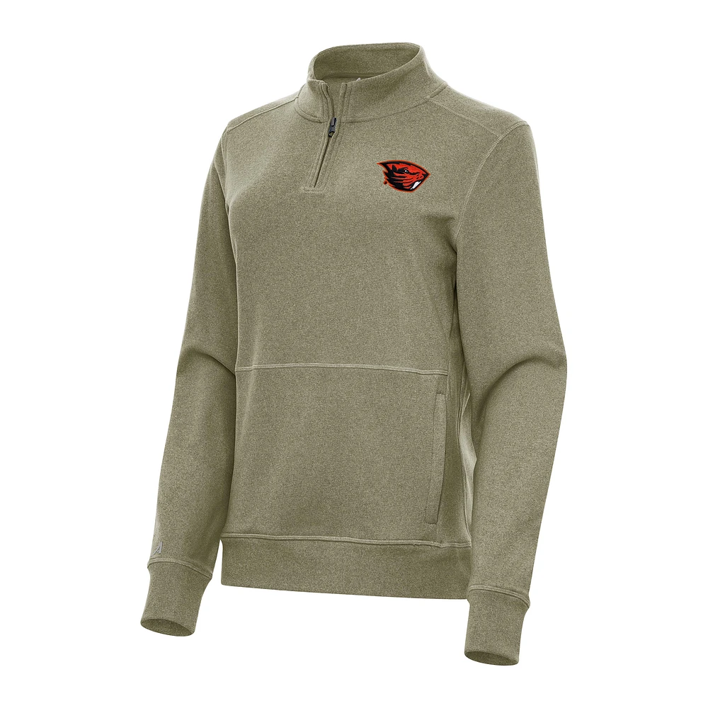 Women's Antigua Olive Oregon State Beavers Crush Quarter-Zip Fleece Sweatshirt