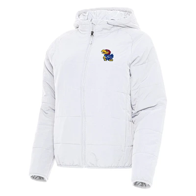 Women's Antigua White Kansas Jayhawks Universe Full-Zip Puffer Jacket