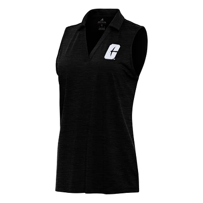 Women's Antigua Heather Black Charlotte 49ers Layout Sleeveless V-Neck Polo