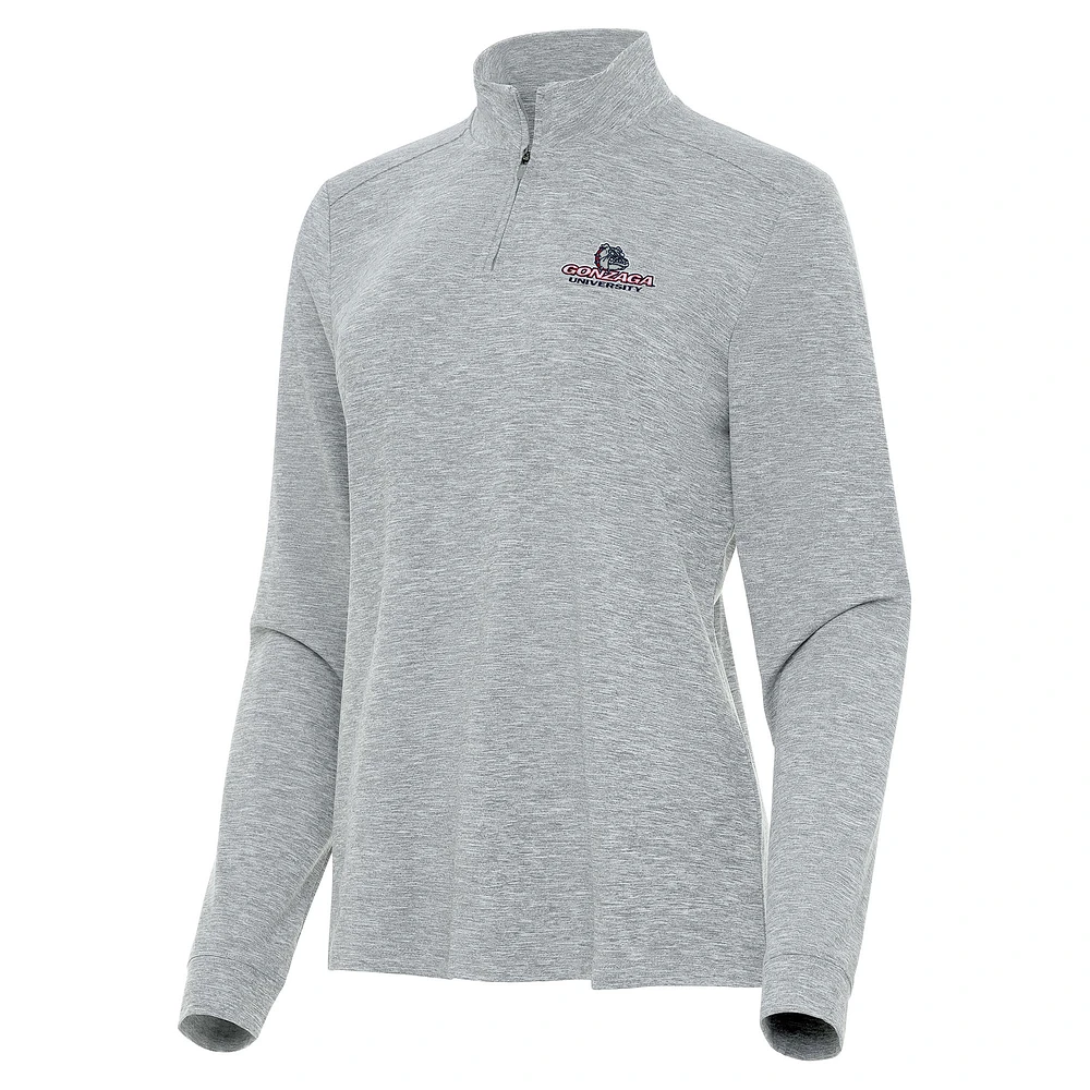 Women's Antigua Heather Gray Gonzaga Bulldogs Mentor Long Sleeve Quarter-Zip Mock Polo