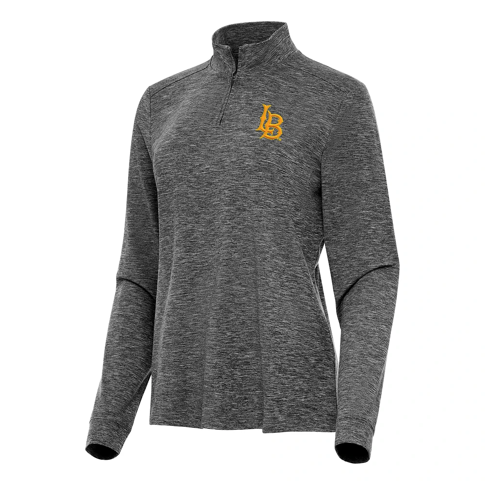 Women's Antigua Heather Black Cal State Long Beach The Mentor Sleeve Quarter-Zip Mock Polo