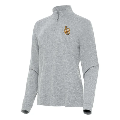 Women's Antigua Heather Gray Cal State Long Beach The Mentor Sleeve Quarter-Zip Mock Polo