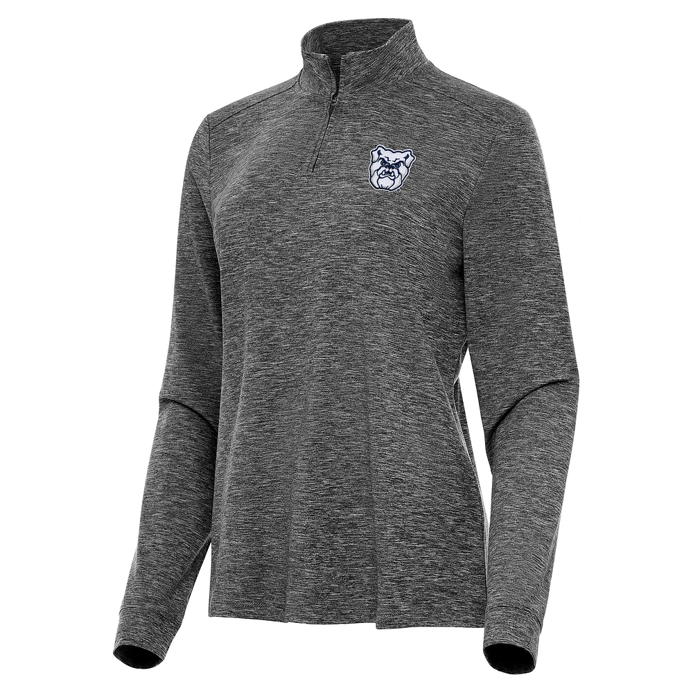 Women's Antigua Heather Black Butler Bulldogs Mentor Long Sleeve Quarter-Zip Mock Polo