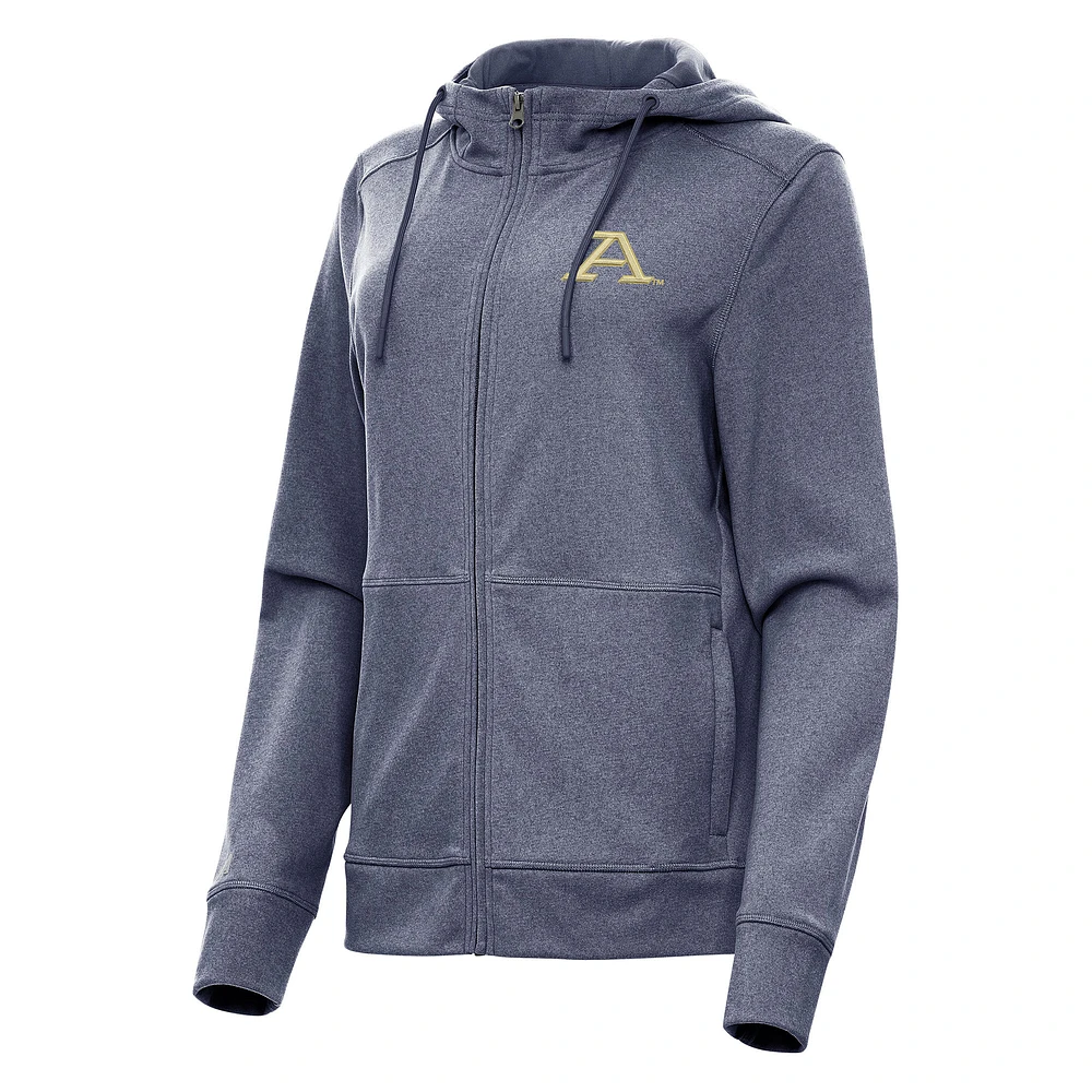 Women's Antigua Heather Navy Akron Zips Seeker Full-Zip Hoodie