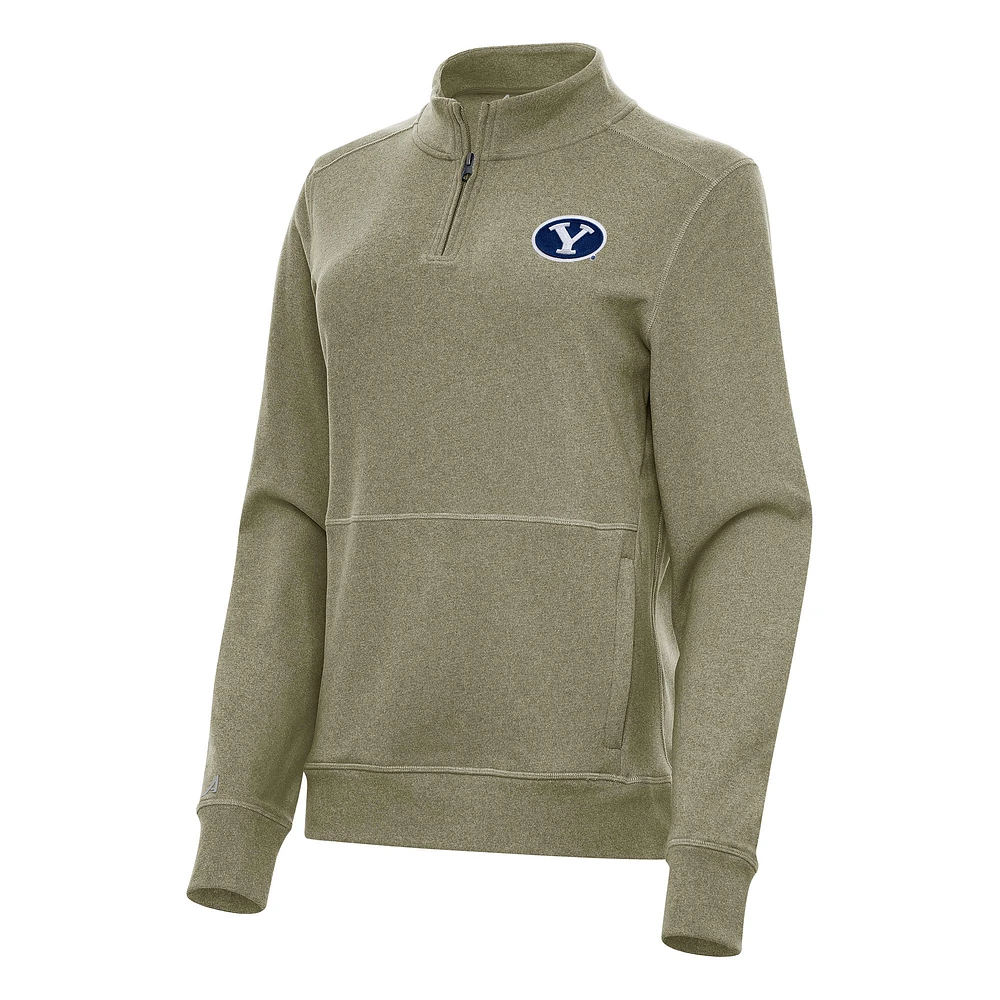 Women's Antigua Heather Olive BYU Cougars Crush Quarter-Zip Fleece Sweatshirt