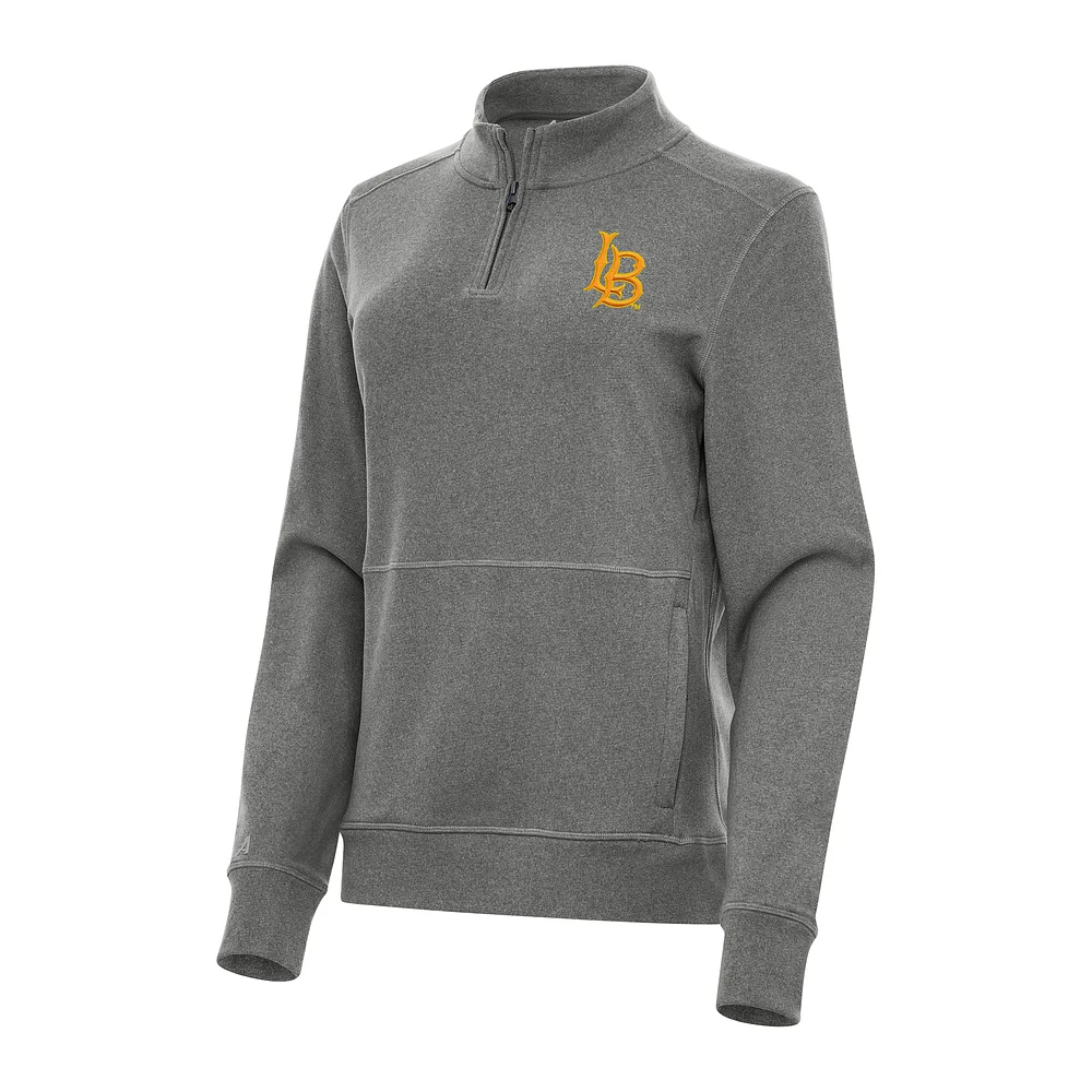 Women's Antigua Heather Charcoal Cal State Long Beach The Crush Quarter-Zip Fleece Sweatshirt