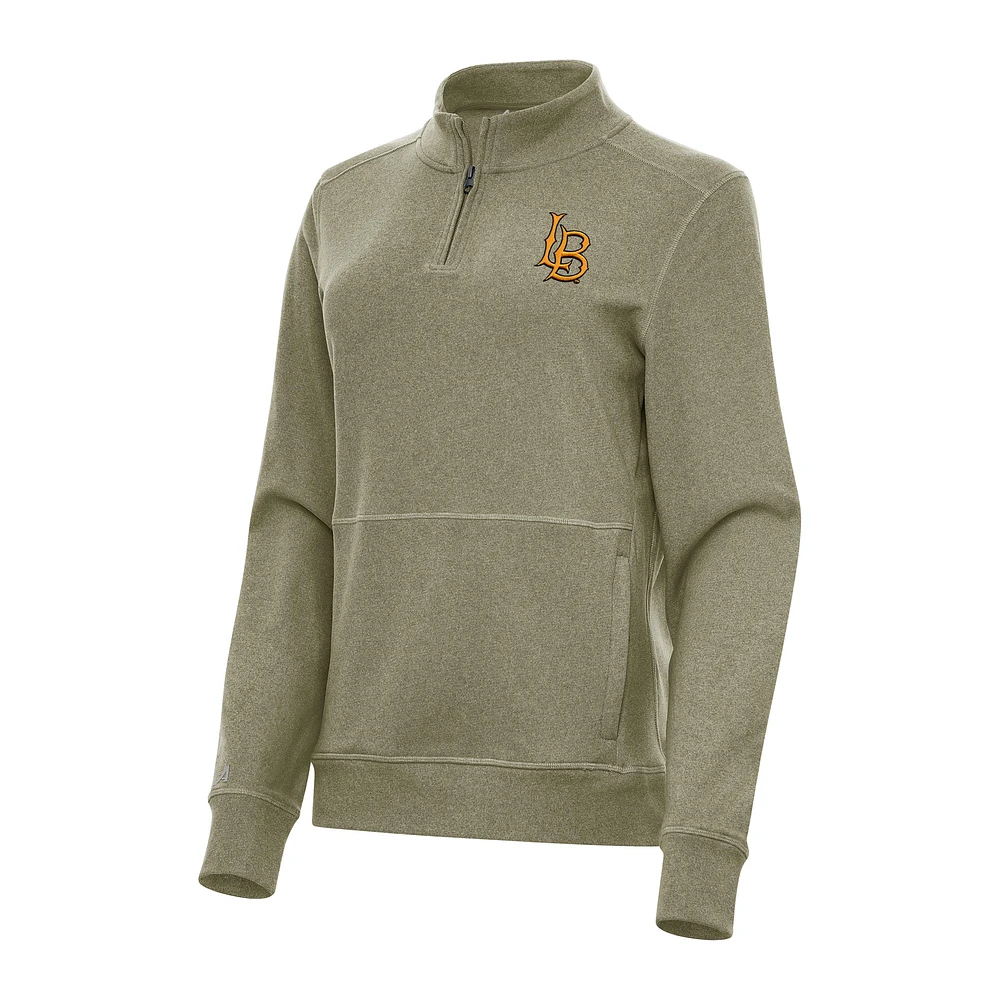 Women's Antigua Heather Olive Cal State Long Beach The Crush Quarter-Zip Fleece Sweatshirt
