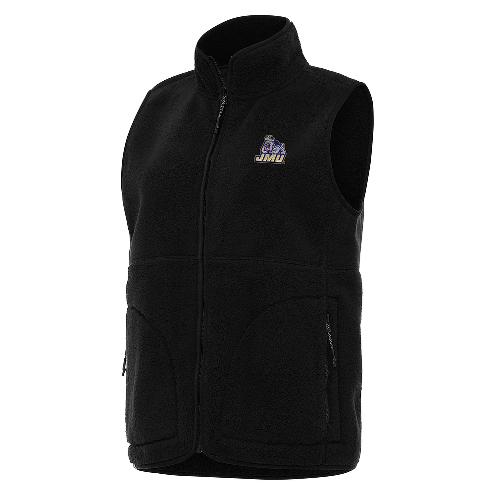 Women's Antigua Black James Madison Dukes Nostalgic Full-Zip Vest