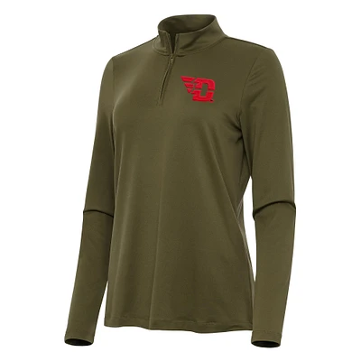 Women's Antigua Olive Dayton Flyers Reprocess Quarter-Zip Top