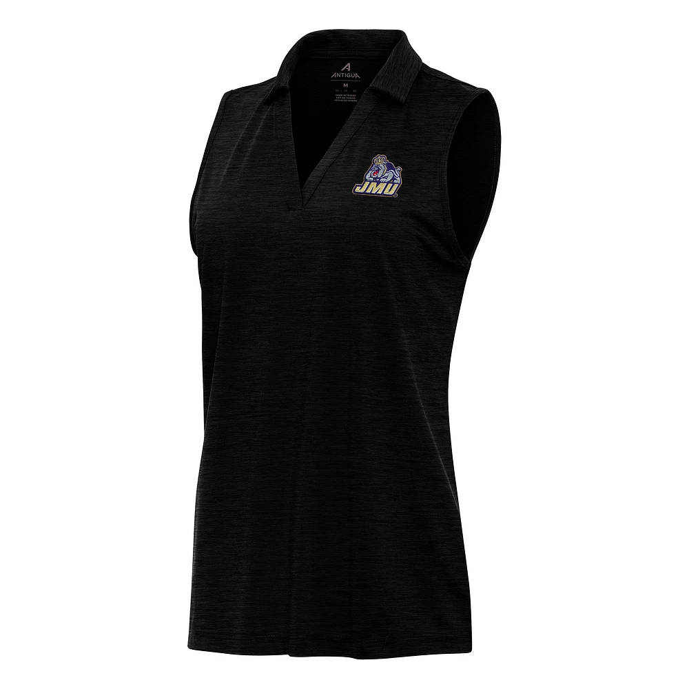 Women's Antigua Heather Black James Madison Dukes Layout Sleeveless V-Neck Polo
