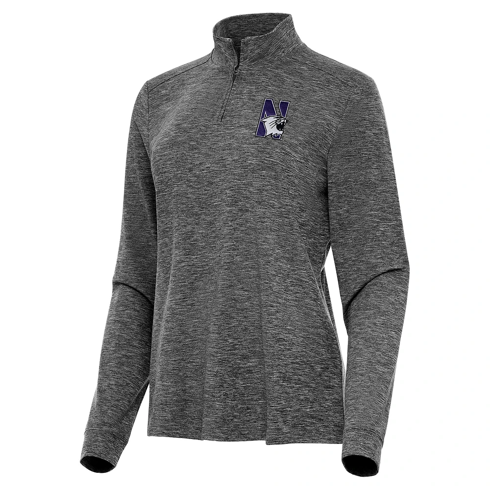 Women's Antigua Heather Black Northwestern Wildcats Mentor Long Sleeve Quarter-Zip Mock Polo