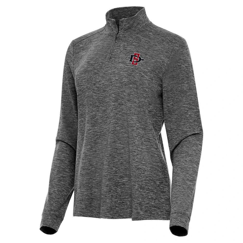 Women's Antigua Heather Black San Diego State Aztecs Mentor Long Sleeve Quarter-Zip Mock Polo