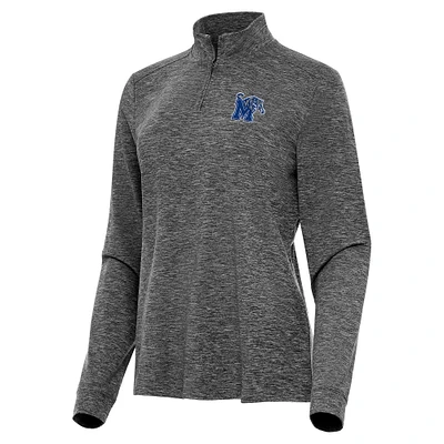 Women's Antigua Heather Black Memphis Tigers Mentor Long Sleeve Quarter-Zip Mock Polo