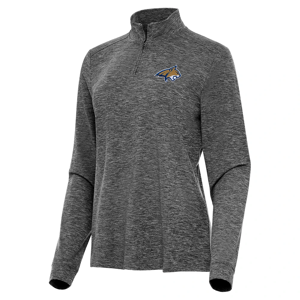Women's Antigua Heather Black Montana State Bobcats Mentor Long Sleeve Quarter-Zip Mock Polo