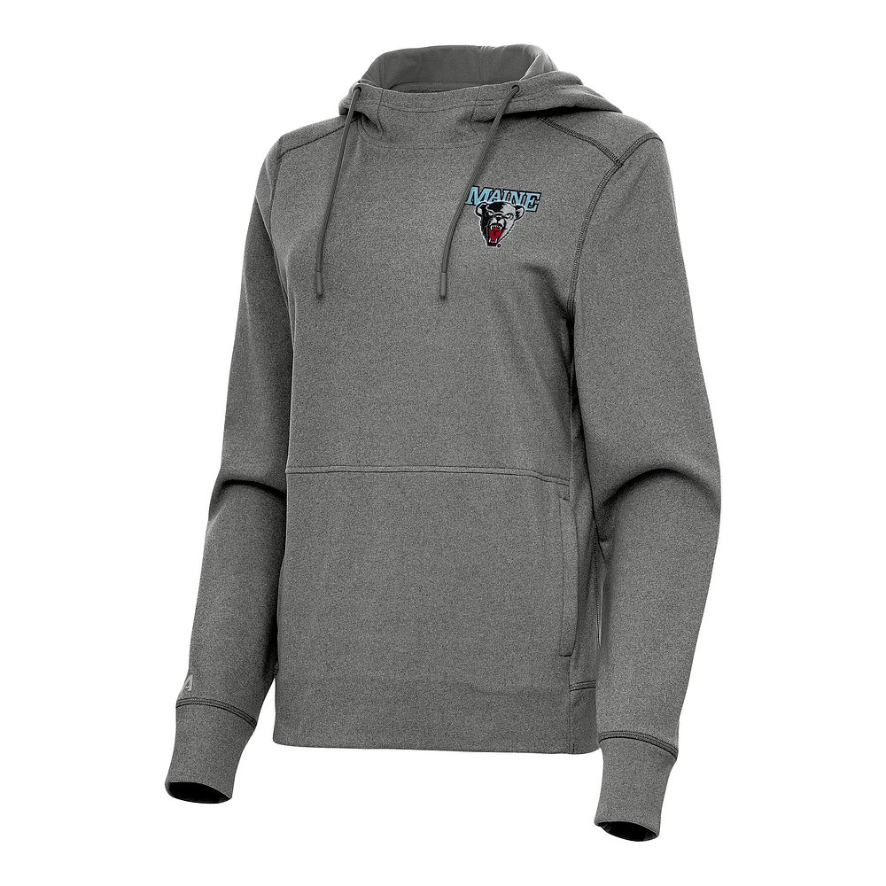 Women's Antigua Heather Black Maine Bears Justice Pullover Hoodie