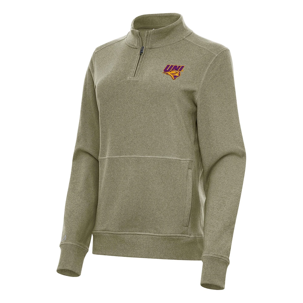 Women's Antigua Heather Olive Northern Iowa Panthers Crush Quarter-Zip Fleece Sweatshirt