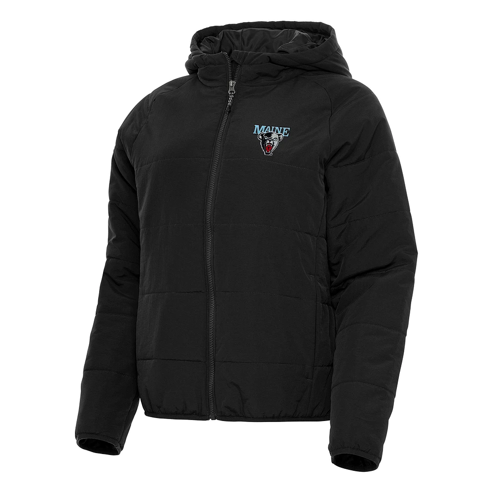 Women's Antigua Black Maine Bears Universe Full-Zip Puffer Jacket