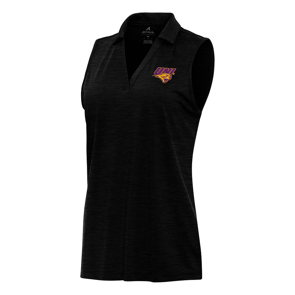 Women's Antigua Heather Black Northern Iowa Panthers Layout Sleeveless V-Neck Polo