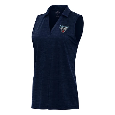 Women's Antigua Heather Navy Maine Black Bears Layout Sleeveless V-Neck Polo