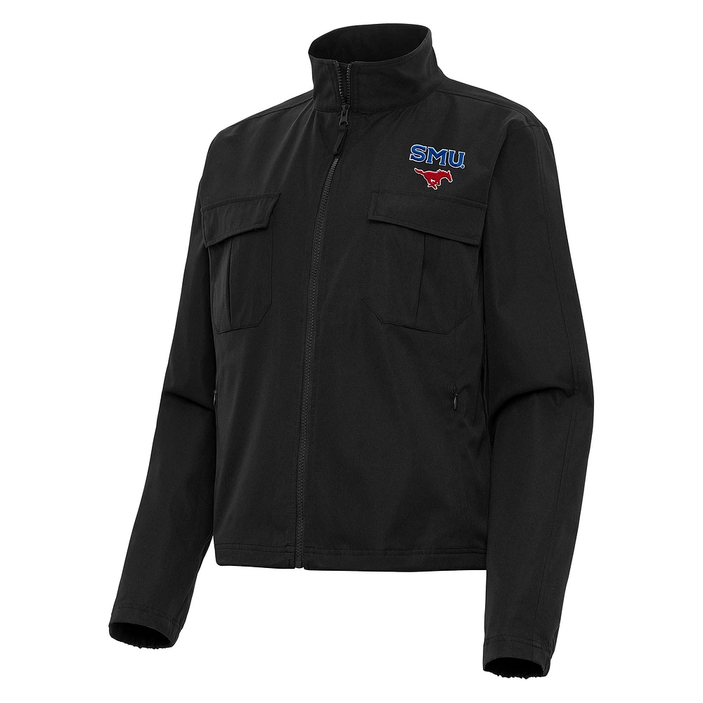 Women's Antigua Black SMU Mustangs Even Par Full-Zip Jacket