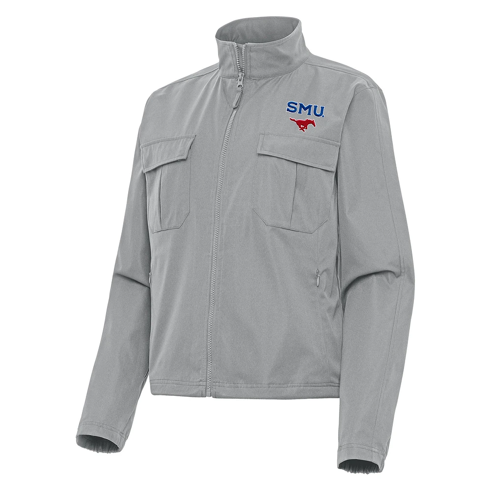 Women's Antigua Gray SMU Mustangs Even Par Full-Zip Jacket
