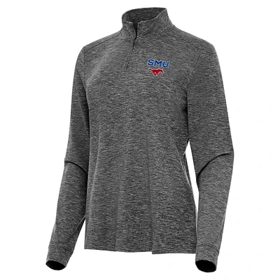 Women's Antigua Heather Black SMU Mustangs Mentor Long Sleeve Quarter-Zip Mock Polo