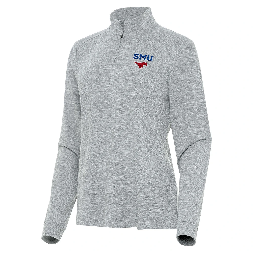Women's Antigua Heather Gray SMU Mustangs Mentor Long Sleeve Quarter-Zip Mock Polo