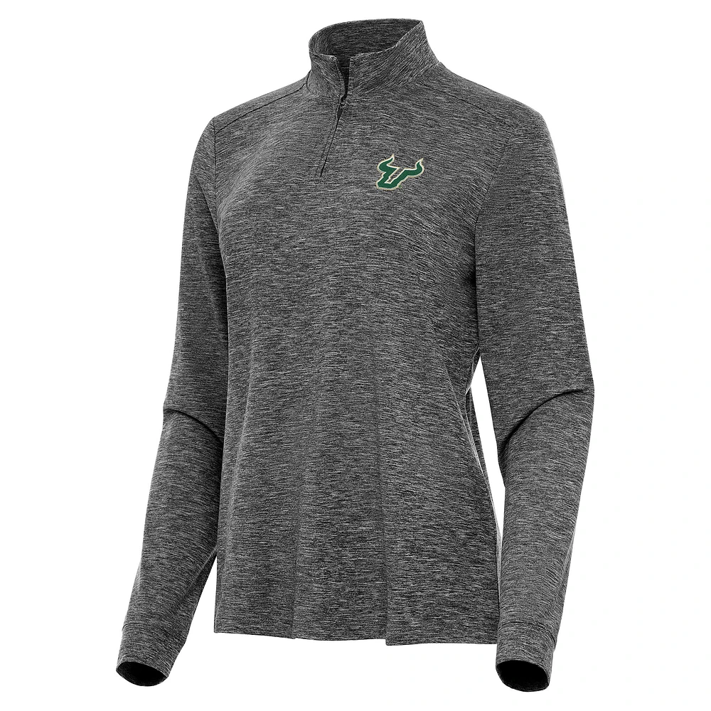 Women's Antigua Heather Black South Florida Bulls Mentor Long Sleeve Quarter-Zip Mock Polo