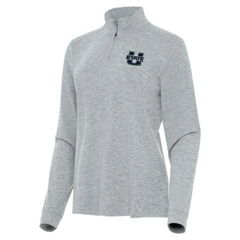 Women's Antigua Heather Gray Utah State Aggies Mentor Long Sleeve Quarter-Zip Mock Polo