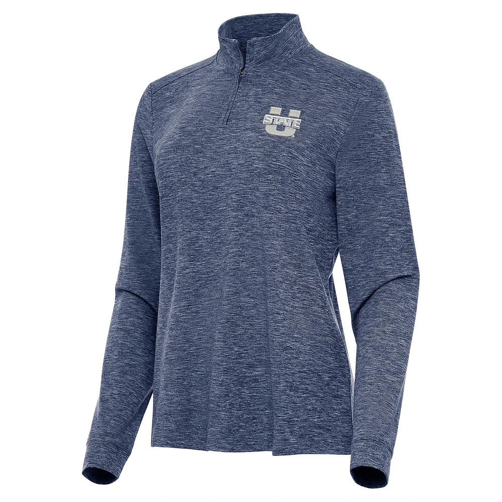 Women's Antigua Heather Navy Utah State Aggies Mentor Long Sleeve Quarter-Zip Mock Polo